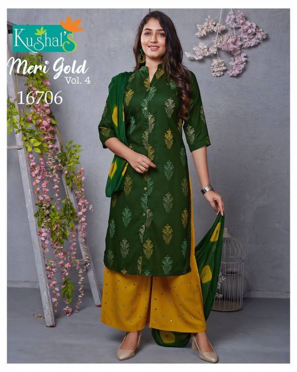 Kushal Meri Gold 4 Kurti With Plazzo And Dupatta Rayon Readymade Dress Collection